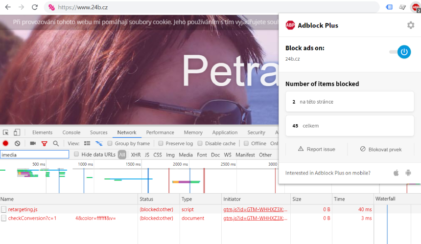 Adblock Plus blokující retargeting a měření konverzí Sklik